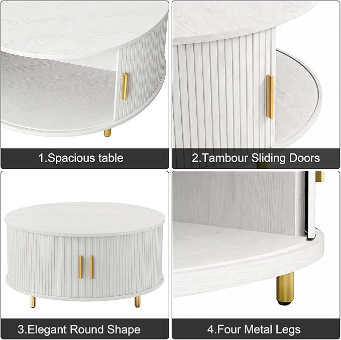 DHH Round Coffee Table, 31.5" Mid Century Modern Coffee Table with 360° Sliding Tambour Door, Fluted Accent Coffee Table with Storage Adjustable Footpads for Living Room (White)
