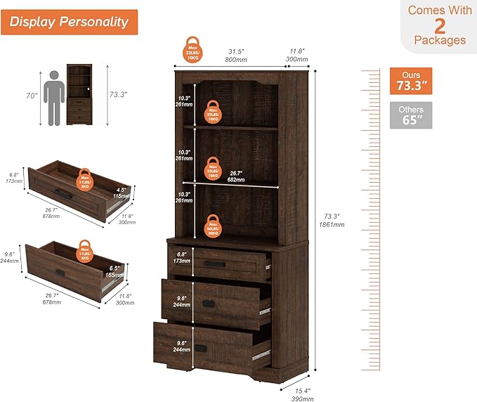 WAMPAT 73.3" Tall Bookcase with Chest of Drawers, 31.5 inch Wide Standing Rustic Bookshelves, Modern Farmhouse Display Storage Cabinet with Adjustable Shelves,Dark Wood Brown