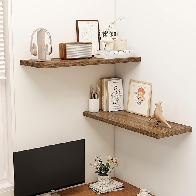Dreamland 36" Floating Shelves for Wall, 12" Deep Slim Walnut Floating Shelves, Wall-Mounted Shelves for Bedroom, Living Room, Kitchen, Bathroom - Set of 2