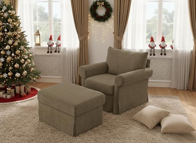 35.8" Chenille Accent Chair with Ottoman Set, Comfy Upholstered Armchair with Rolled Arms, Modern Single Reading Chair for Living Room, Bedroom, Apartment, Brown