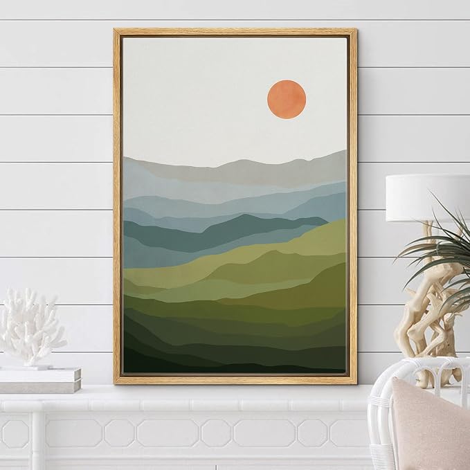 Woodrose Framed Canvas Print Wall Art Green, Blue & Gray Mountain Landscape Abstract Shapes Illustrations Modern Art Minimalist 3D Colorful Ultra for Living Room, Bedroom, Office - 24"x36" NATURAL