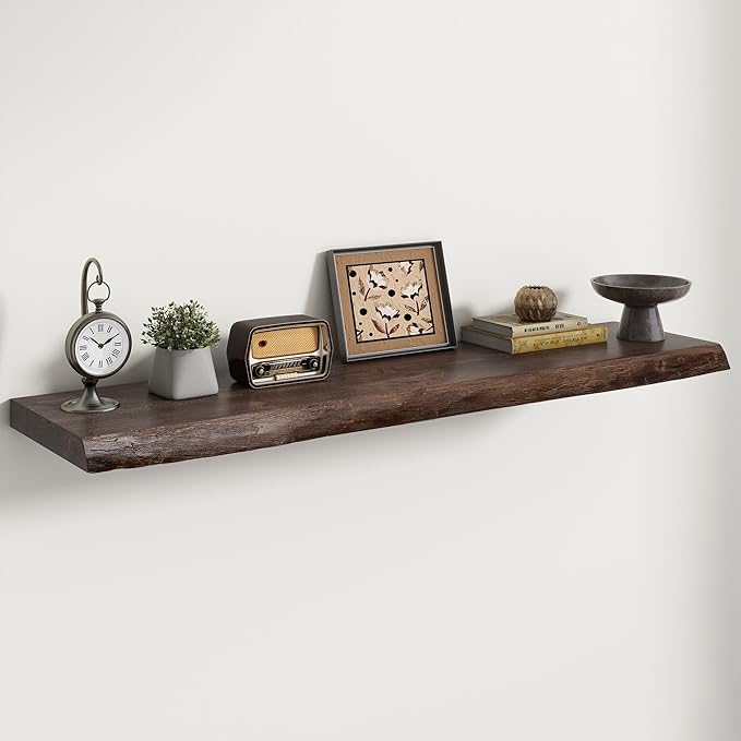 RICHFOCUS Live Edge Elm Floating Shelves - 48" W x 9.3" D Rustic Solid Wood Wall Shelves with Invisible Bracket, Wall-Mounted for Living Room, Bedroom, Kitchen Storage & Display, Set of 1, Walnut