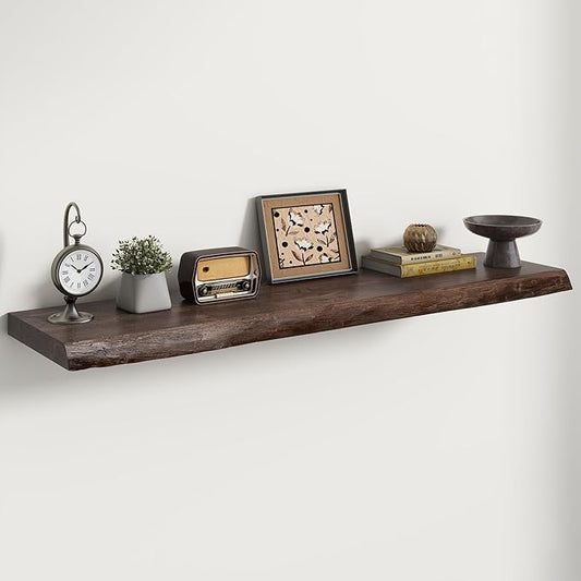 RICHFOCUS Live Edge Elm Floating Shelves - 48" W x 9.3" D Rustic Solid Wood Wall Shelves with Invisible Bracket, Wall-Mounted for Living Room, Bedroom, Kitchen Storage & Display, Set of 1, Walnut