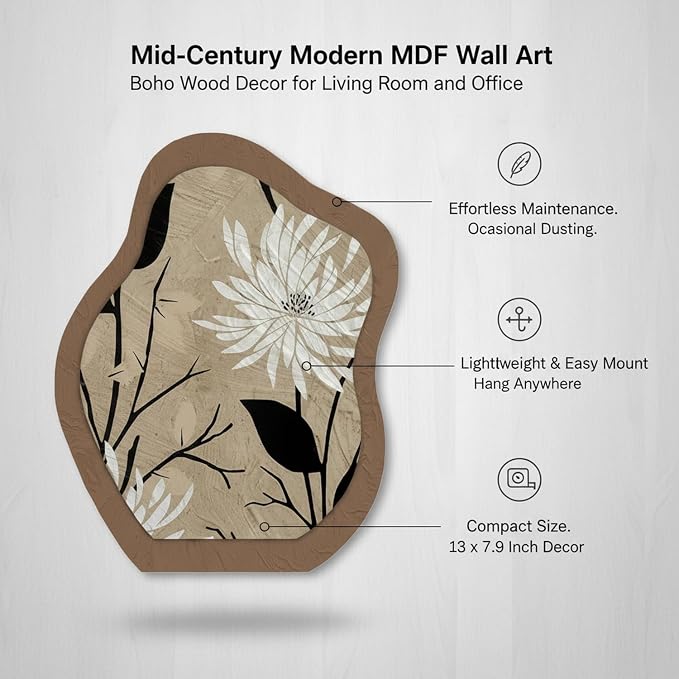 Syyavrrta Mid-Century Modern Wood Wall Art, 13 x 7.9 Inch Textured MDF Boho Decor for Living Room, Office, and Home (1 Piece)