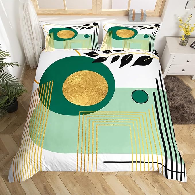 Erosebridal Green and White Abstract Boho Duvet Cover Full Size Minimalist Aesthetic Neutral Comforter Cover Mid Century Modern Bedding Set Botanical Leaves Geometric Bed Set