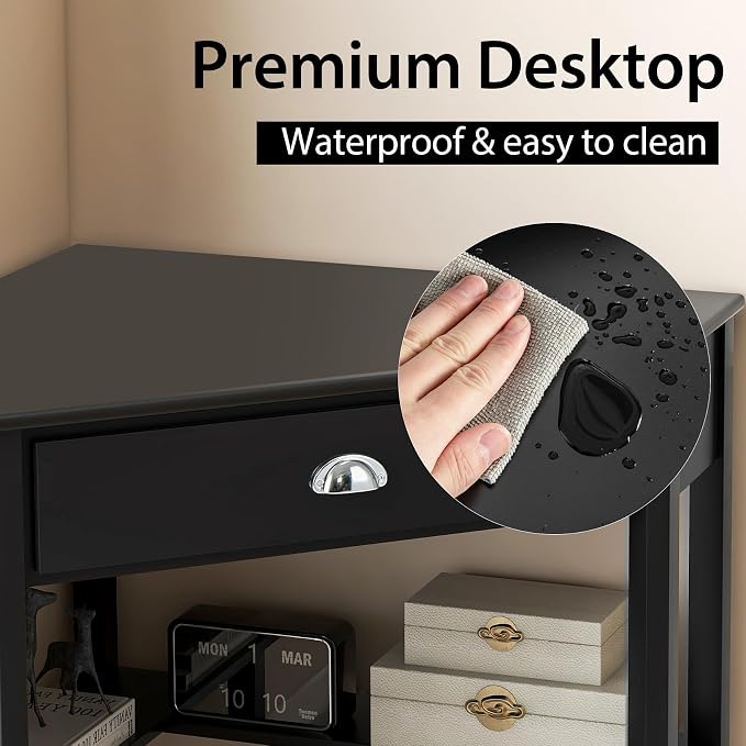 Nightcore Corner Desk for Small Space, Wood Corner Computer Desk, Compact Writing Table w/Drawer & Storage Shelves, Space Saving Study Workstation, Laptop PC Corner Table for Home Office
