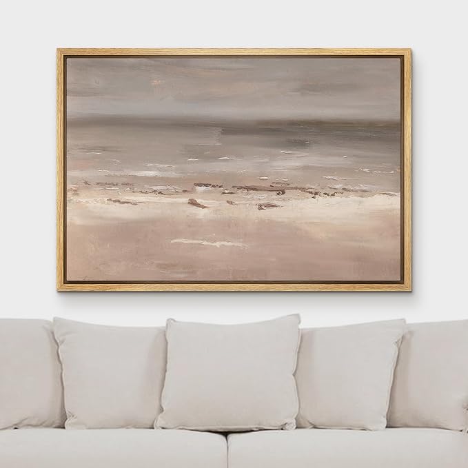 MUDECOR Framed Canvas Print Wall Art Calm Neutral Seascape Abstract Horizon in Earth Tones Illustrations Minimalism Decorative Bohemian Colorful Zen for Living Room, Bedroom, Office - 24"x36" NATURAL