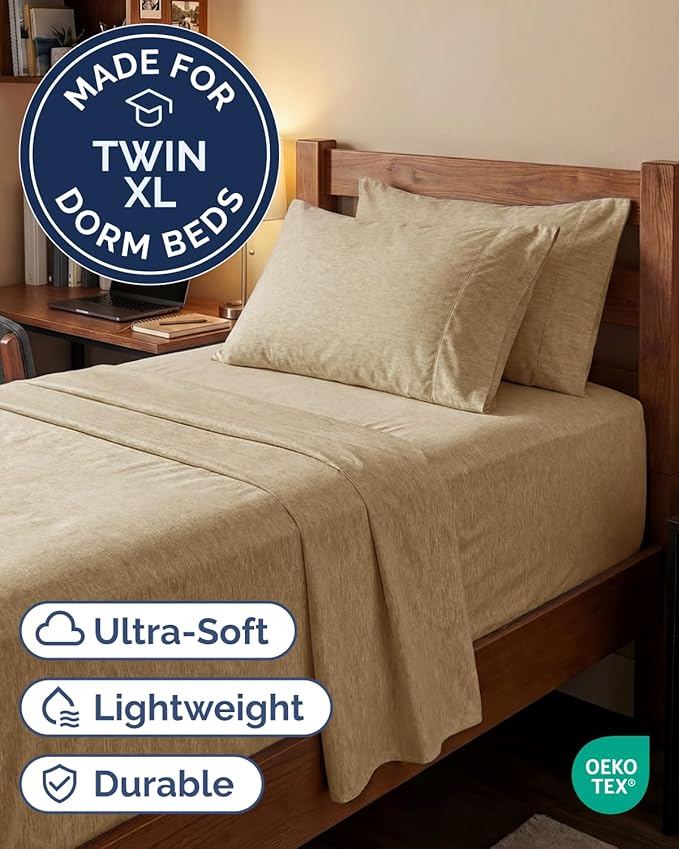 Extra Deep Twin XL Sheet Set - 4 Piece College Dorm Bed Sheets Set with Extra Deep Pockets - Ultra-Soft, Comfy & Breathable Bedding for Women, Men, Kids & Teens - Wrinkle & Fade Free - Heathered Tan