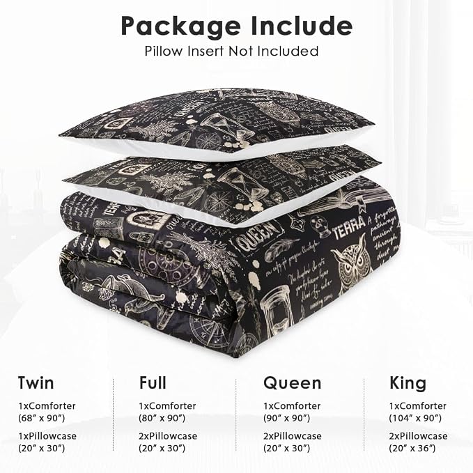 WeCozy Queen Size Comforter Set with 2 Pillowcases, Gothic Goth Bat Chemistry Science Dark Academia Medieval 3 Pcs Bedding for Adults Bedroom Bed Decor