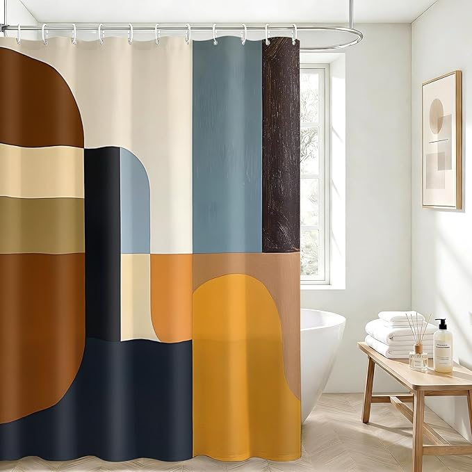 Brown Mid Century Shower Curtain, Abstract Geometric Modern Pattern, Navy Blue and Yellow Boho Bathroom Decor, Retro Art Waterproof Fabric Bath with Hooks, 75x70 Inch