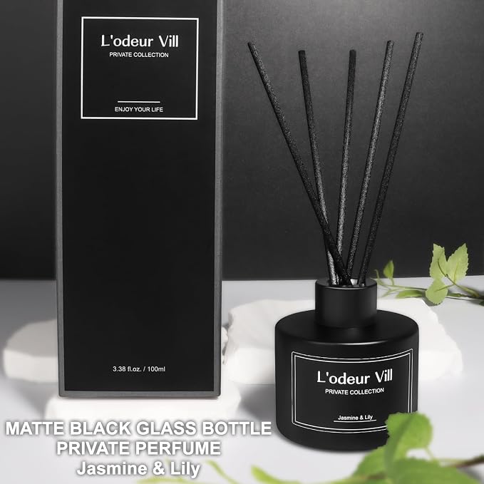 L'odeur Vill Reed Diffuser, 3.4oz(100ml) Jasmine & Lily Reed Diffuser Set with 6 Oil Diffuser Sticks, Matte Black Aroma Scent Diffuser, Long Lasting Home Fragrance for Bathroom Shelf Decor