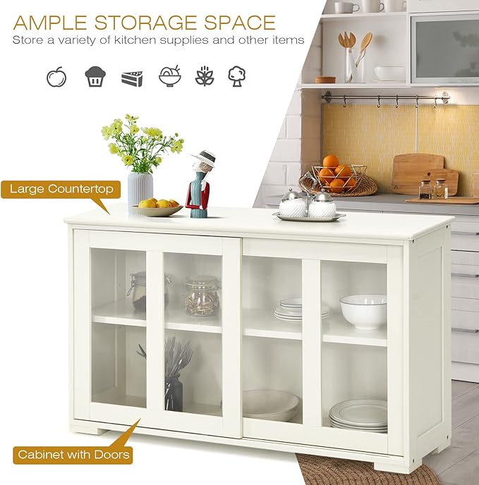 Byroce Sideboard Buffet Cabinet, Stackable Storage Coffee Bar Cabinet w/Adjustable Shelf & Glass Sliding Doors, Wood Cupboard Credenza Console Table for Kitchen Dining Living Room (1, Antique White)