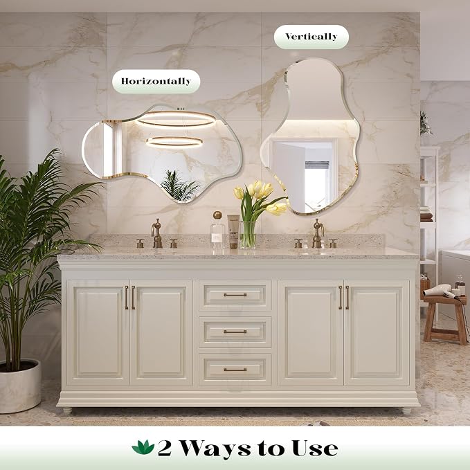 Irregular Wall Mirror, 28”x50” Asymmetrical Wall Mirror, Frameless Asymmetrical Mirrors for Bathroom Entry Way Bedroom Living Room