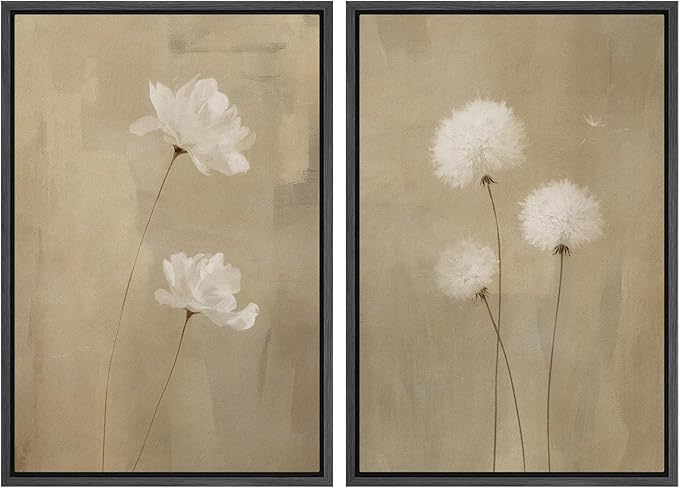 IDEA4WALL Framed Canvas Print Wall Art Set Neutral Floral with White Flowers and Dandelions Illustrations Modern Art Decorative Bohemian Calm/Zen for Living Room, Bedroom, Office - 24"x36"x2 Black