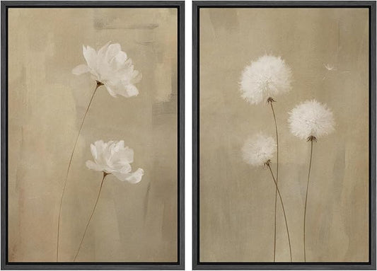 IDEA4WALL Framed Canvas Print Wall Art Set Neutral Floral with White Flowers and Dandelions Illustrations Modern Art Decorative Bohemian Calm/Zen for Living Room, Bedroom, Office - 24"x36"x2 Black