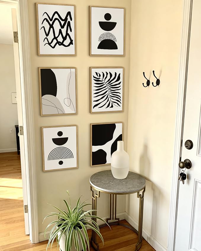Drsoum Abstract Boho Wall Art Minimalist Geometric Framed Boho Room Decor Black Line Art Mid Century Modern Prints Bohemian Living Room Bedroom Ready to Hang 11x14inx6pcs (Natural Framed)