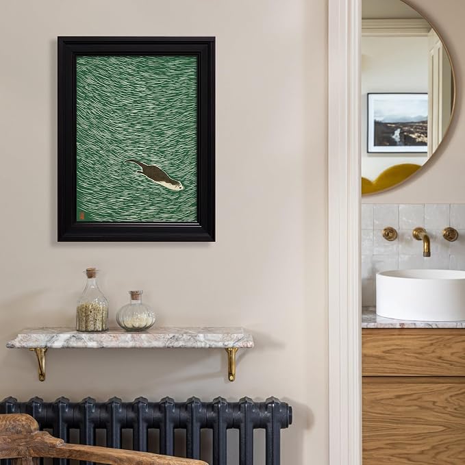 Vintage Framed Japanese Otter Swimming Poster Funny Nature Wild Animal Pictures Retro Minimal Green Water Canvas Wall Art for Living Room Bedroom Bathroom 20x30 inch