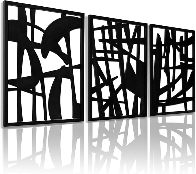 3D Wood Abstract Wall Art, Framed Black and White Wall Art, Modern Minimalist Black Wall Decor for Living Room Bedroom Bathroom Dining Room (Ready to Hang, 12x16 inches, Set of 3, Framed)