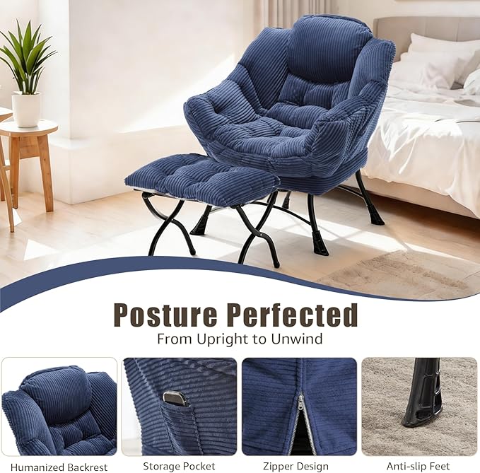 Oversized Lazy Chair with Ottoman for Adults, Chair and Ottoman Set Modern Skinny Lounge Chair with Footrest, Wide Reading Chair for Living Room, Comfy Accent Armchair for Small Spaces, Navy Blue