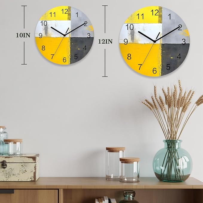 Abstract Style Wall Clock Battery Operated Non-Ticking 10" Round Wood Clocks, Yellow Gary Color Block Oil Painting Kitchen Wall Clock for School Bathroom Living Room Home Office Wall Decor