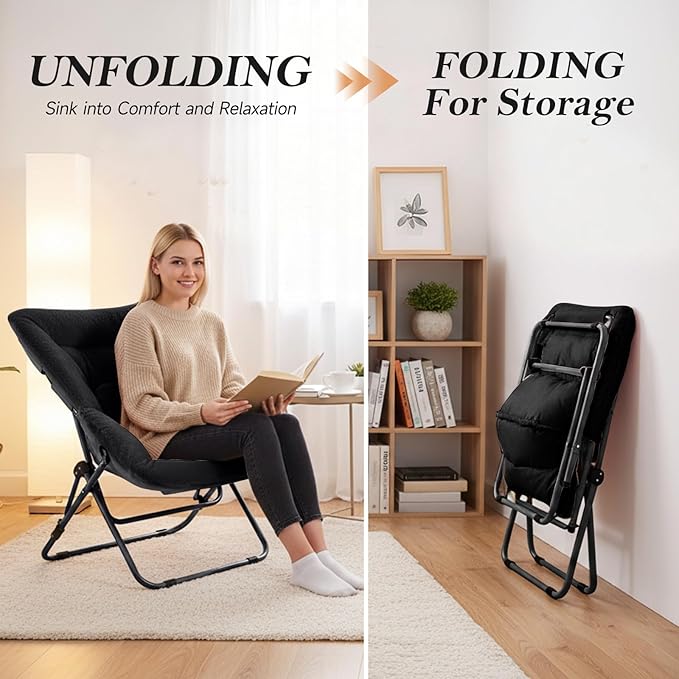 Furlide Saucer Chair, Comfy Bedroom Chairs, Oversized Folding Faux Fur Chair, Foldable Metal Frame Chair for Bedroom, Patio, Study, Playroom (Black)