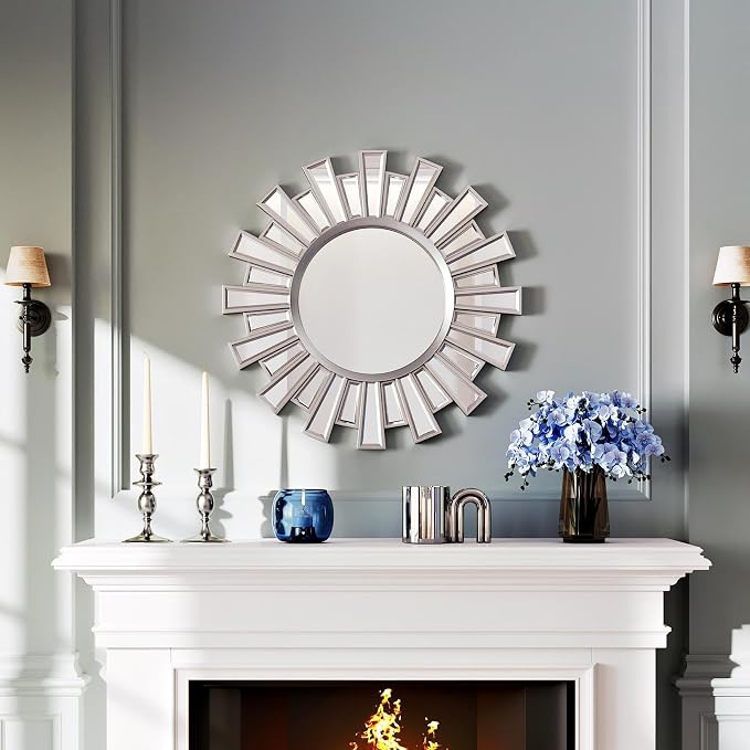 Round Mirrors for Wall Decor, 24" Sliver Sunburst Mirror,Starburst Mirror for Living Room,Hallway,Bedroom Fireplace