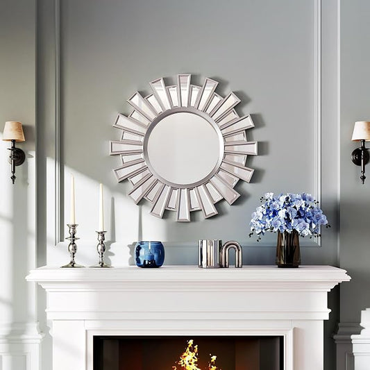 Round Mirrors for Wall Decor, 24" Sliver Sunburst Mirror,Starburst Mirror for Living Room,Hallway,Bedroom Fireplace