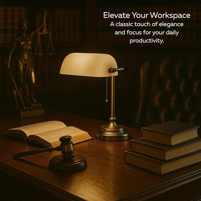 LIGHTACCENTS Bankers Desk Lamp with White Glass Shade, Nickel Finish - Traditional Desk Light for Home Office, Reading, Piano, Bedside