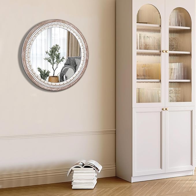 Reflinto 30 Inch Rustic Farmhouse Round Mirror for Wall Decor, | Boho Wood Frame Circle Decorative Mirrors for Bathroom Over Sink, Bedroom, Living Room, Entryway, Foyer