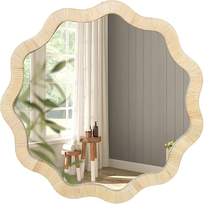ULIKE Rattan Wicker Mirror for Bathroom, 24 Inch Boho Woven Decorative for Wall, Rustic Farmhouse Vanity Mirror, Geometric Scalloped Rattan Mirrors for Living Room Entryway Bathroom Bedroom