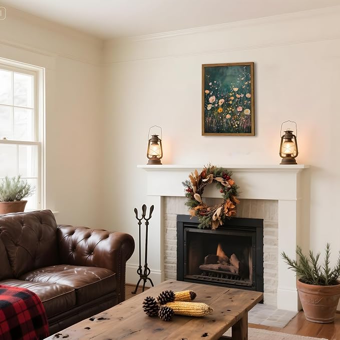 Dark Green Wildflower Wall Art Vintage Moody Botanical Wall Decor Painting Cottagecore Floral Plant Artwork 3D Textured Sandstone for Living Room Bedroom 24x36 inch Wood Framed