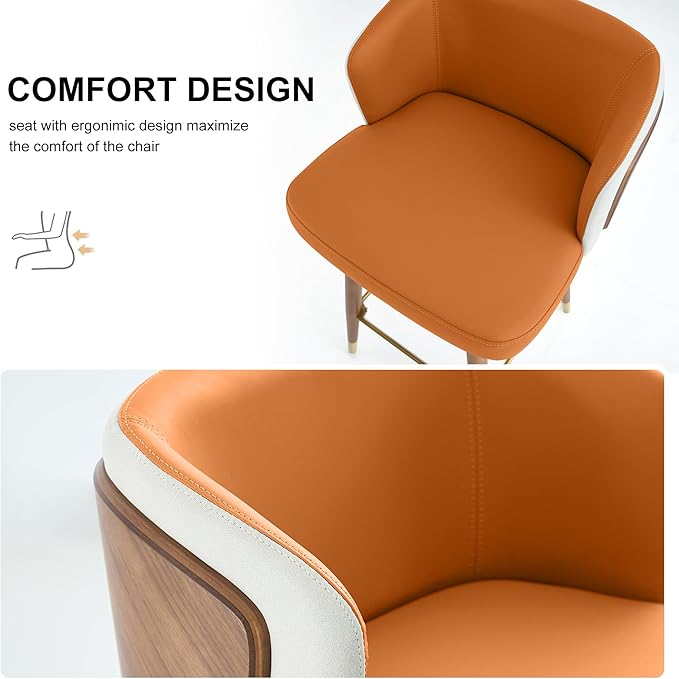 ARTPLAN Mid Century Modern Bar Stools Set of 6 for Counter Height - Leather Upholstered Seat with Walnut Wood Frame, Retro 34 Inch Bar Chairs for Home Kitchen Island, Bar, Breakfast Nook,Dark Orange