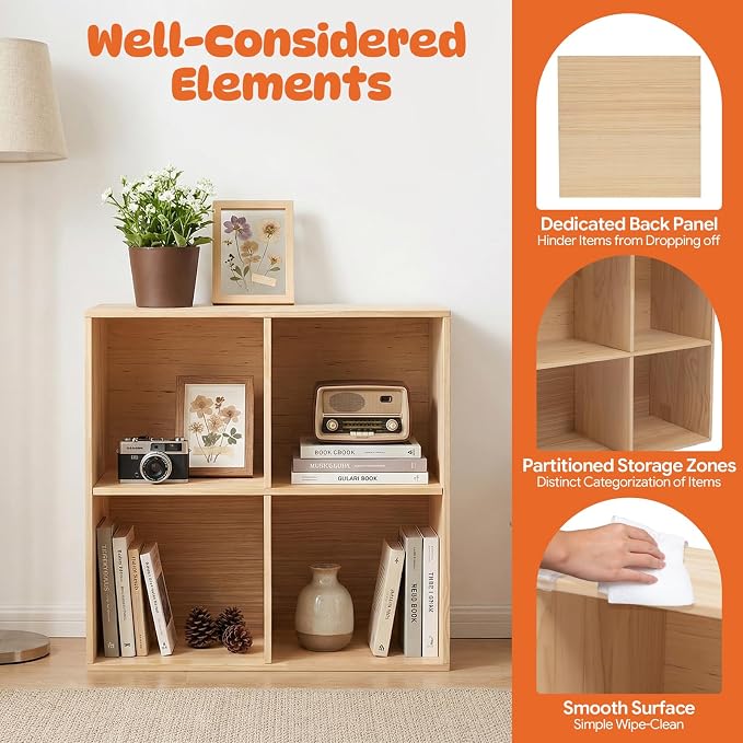 4 Cube Storage Shelf, 2-Tier Solid Wood Cube Storage Organizer, Vertical or Horizontal Floor Standing Open Bookcase for Bedroom, Study, Bookstore & Office