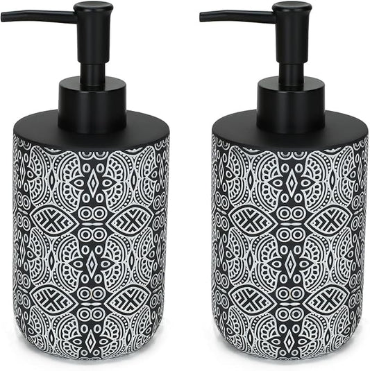 2pcs Hand Soap Dispenser Set, Boho Carving Resin Liquid Soap Dispensers for Bathroom Countertop, Heavy & Sturdy Dish Wash Soap Dispenser for Kitchen, Black
