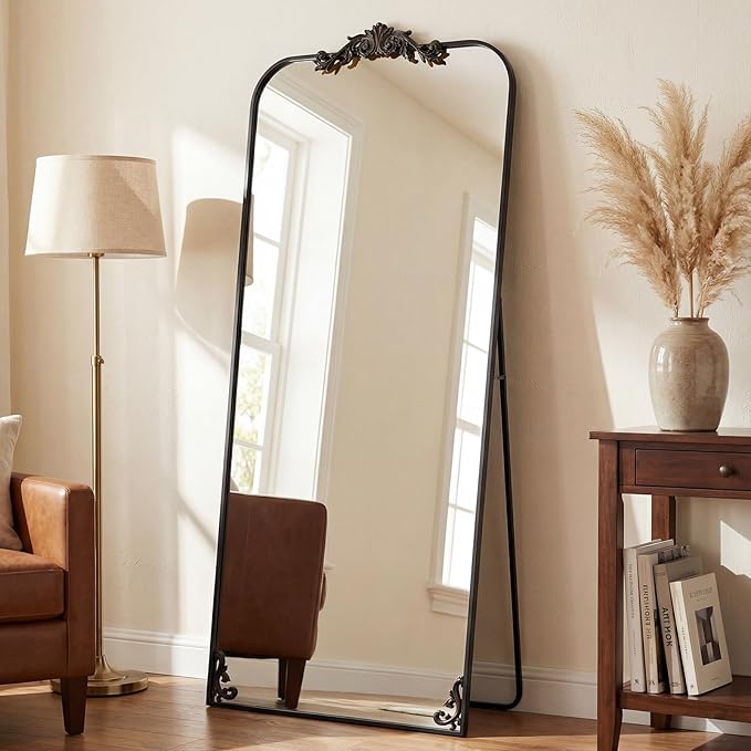 Antok Arched Full Length Mirror, 32"x71" Floor Mirror with Carved, Full Body Mirrors for HomeDecor, Large Wall Mirror with Corner Flower for Bedroom, Living Room, Bronze, Luxury Style