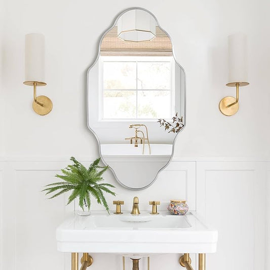 Silver Scalloped Bathroom Mirror, Irregular Wall Mirror with Brushed Metal Frame, HD Glass Decorative Mirror for Wall Decor, Vanity Mirror for Bathroom, Bedroom & Entryway (26" x 46", 1 Pack)