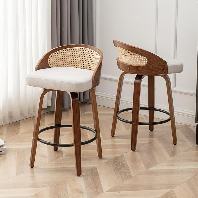 26" Swivel Rattan Bar Stools Set of 3 Mid-Century Modern Beige Linen Fabric Upholstered Counter Height Stools,Kitchen Island Barstools with Rattan Low Backrest,Walnut Wood Finish Bar Chair