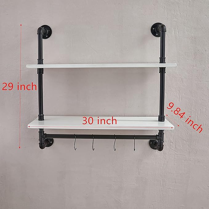 ROGMARS White Floating Wall Shelves Industrial Pipe Shelving 30 Inch Wood Bathroom Shelves with Towel Bar Over Toilet, Rustic Farmhouse Pipe Wall Shelves for Kitchen Living Room (30inch 2 Tier)