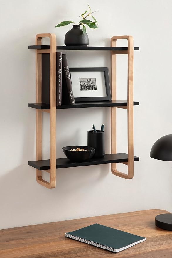 Kate and Laurel Summit Modern Three-Tier Wall Shelf, 18 x 6 x 25, Black and Natural Wood, Transitional Decorative Multi-Tiered Storage Shelf Wall Organizer for Decor and Display