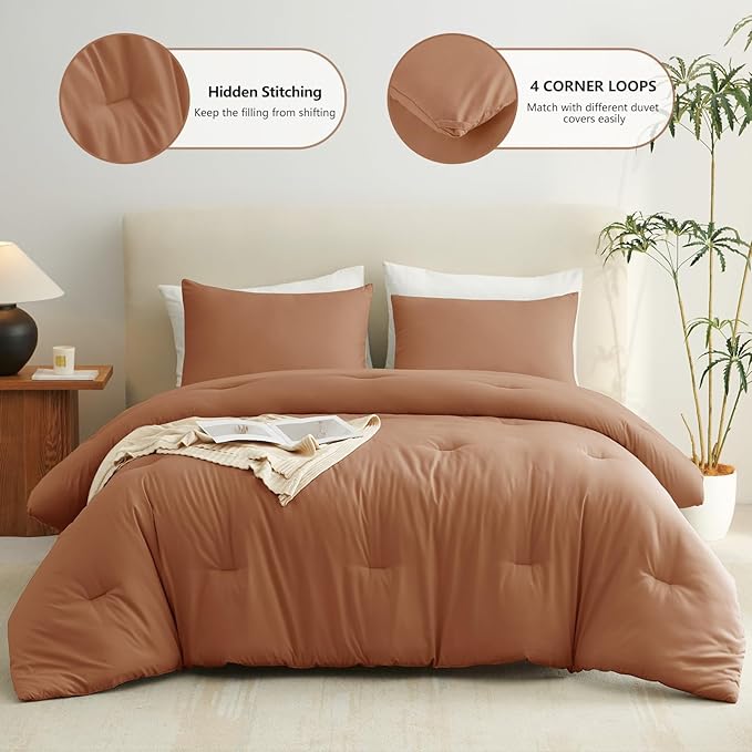 CozyLux Full Size Comforter Set Pumpkin, 3 Pieces Lightweight Down Alternative Quilted Bedding Sets, All Season Soft Breathable Solid Comforter with 2 Pillowcases, Luxury Bed Set Gift for Home