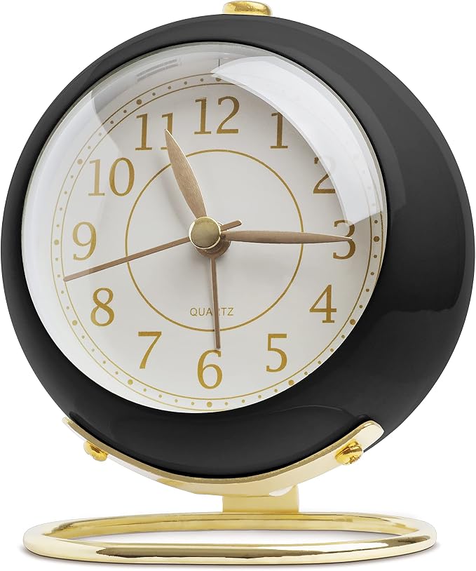 SHISEDECO Small Tableclocks Classic Non-Ticking Tabletop Alarm Clock with Backlight, Battery Operated Astronaut Deskclock with HD Glass for Living Room Bedroom Bedside Indoor Decor (Black Gold)