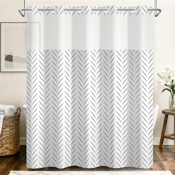 No Hook Shower Curtain with Snap in Liner, Minimalist Black and White Herringbone Geometric Shower Curtains for Modern Neutral Bathroom, Waterproof Bath Curtain with Mesh Top, 71x74 Inch