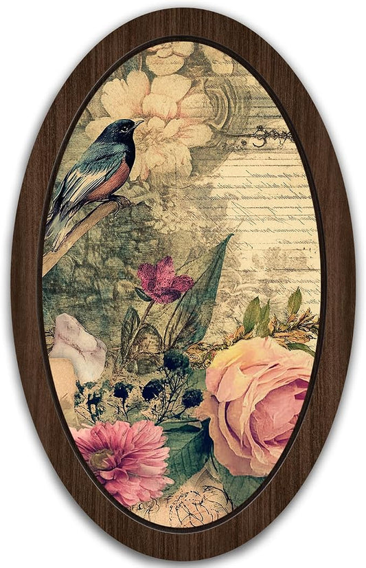 UYIKG Vintage Oval Framed Wall Art Decor,Vintage Rustic Farmhouse Bird Floral Cottage Core Wall Decor for Theme Room Home Bedroom Living Room Home Office 9x14.6 in