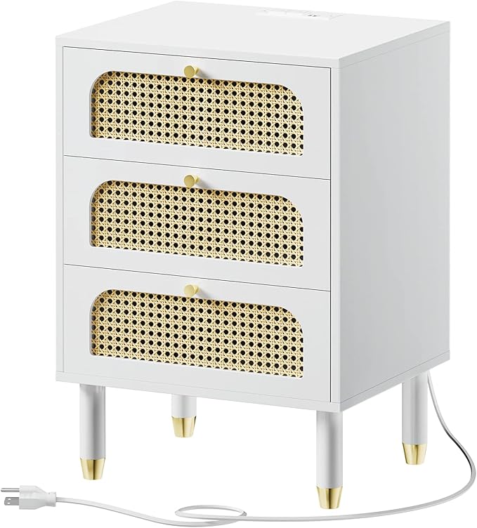 VINGLI Rattan Nightstand with Charging Station, 27" Tall White Nightstand with 3 Drawers for Bedroom, Boho Mid Century Modern Bed Side Table/End Table (White, 1 Pack)