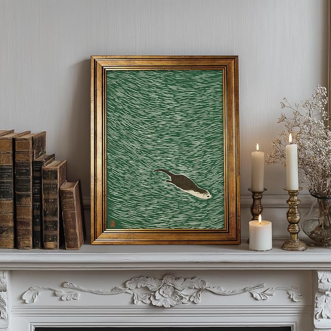 Gold Framed Japanese Otter Swimming Poster Funny Nature Wild Animal Pictures Retro Minimal Green Water Canvas Wall Art for Living Room Bedroom Bathroom 16x20 inch