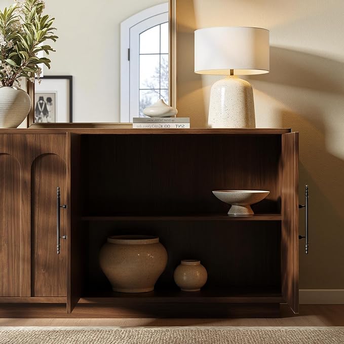 Evermagin 67" Arched Walnut Buffet Cabinet with Storage, Large Credenza with 4 Doors, Wood Mid Century Modern Sideboard for Kitchen and Living Room (67"*31.5"*15.7")
