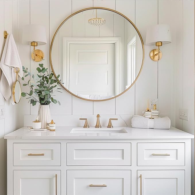 Sunniry Gold Circle Mirror, Round Mirror 22 inch, Gold Wall Mirrors Brushed Metal Frame, Circle Mirrors for Bathroom, Bedroom, Living Room, Entryway.
