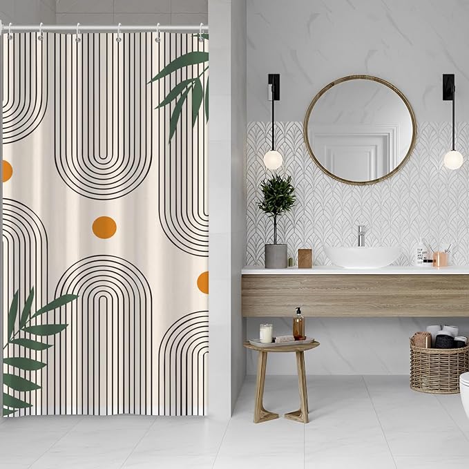 Boho Mid Century Shower Curtain Bohemian Minimalist Geometric Arch Sun Bathroom Curtain Sage Green Plant Polyester Shower Curtain Sets for Bathroom Extra Long 36x72 in with 6 Hooks