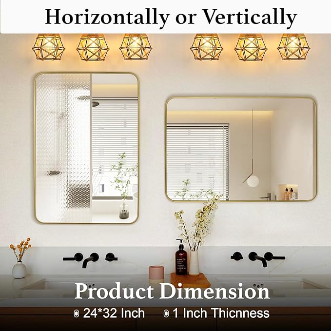 Gold Wall Mirror for Bathroom 24X32 Inch Stainless Steel Metal Frame Bathroom Vanity Mirror Rounded Rectangle Mirror Rustproof for Entryway, Living Room Hangs Vertically or Horizontally