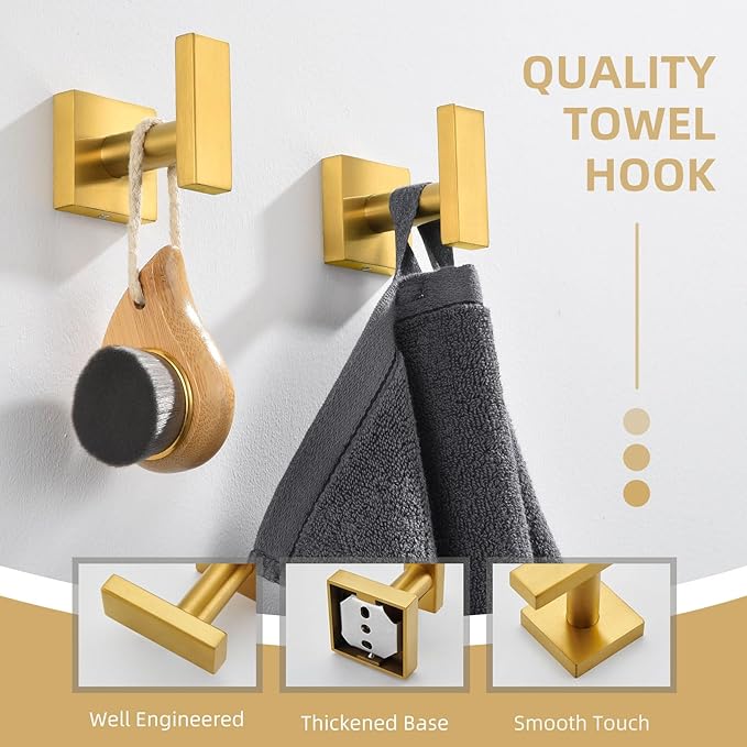 Angle Simple Towel Hooks for Bathroom, SUS304 Stainless Steel Square Robe Coat Wall Hooks, Hand Towel Holder, Brushed Dark Gold, 2 Pack